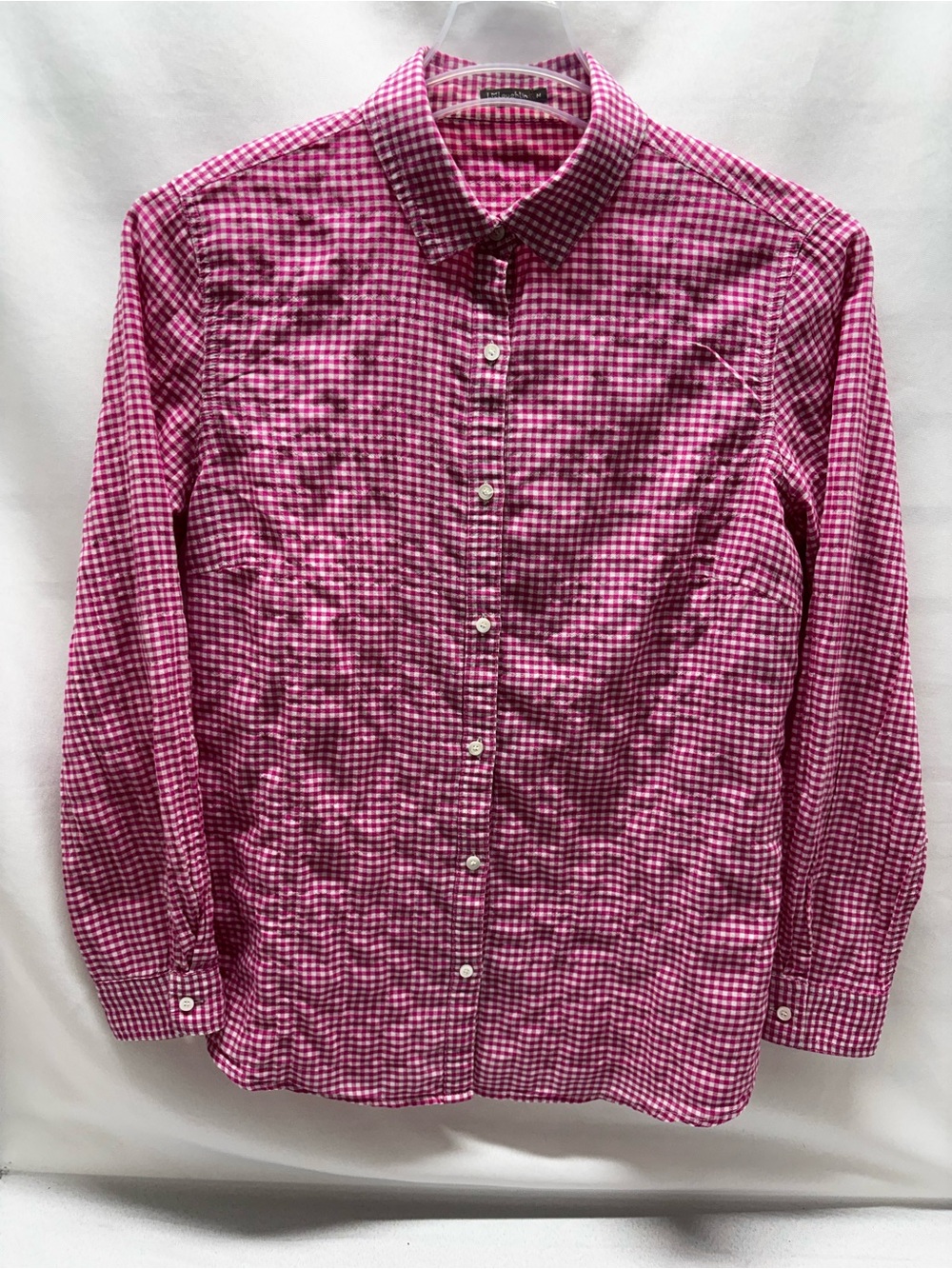 J.McLaughlin Pink White Gingham Crinkle Texture Button Down Shirt Womens Sz M